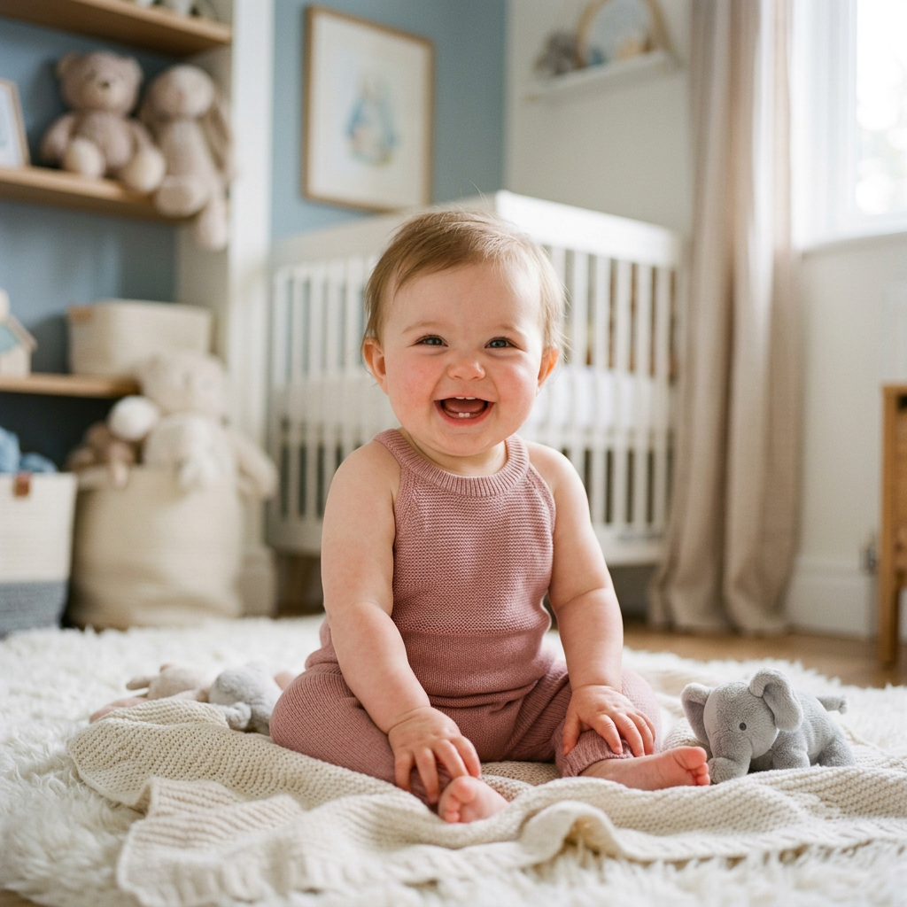 Smiling baby sitting on blanket with stuffed elephant toy in nursery